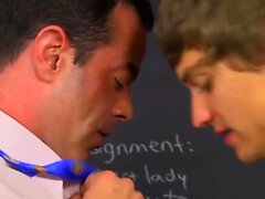 Young man seduced by dashing stud and railed in classroom