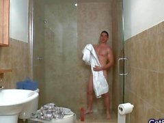 Hot muscled guy jerking under shower