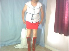 Dee in new red skirt and suspenders