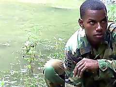 Cock-strong twink soldier by the river