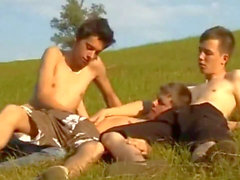 three bony 18yo greatest buddies having fun outdoor