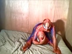 Spiderman humps and gasses his fake spiderman enemy