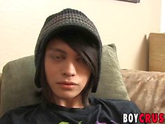 Gorgeous twink tugging and cumming at sex interview