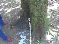 Two friends pissing together on a tree