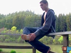 Thought provoking twink plays with feet and masturbates