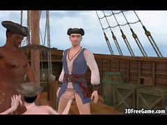 Foxy 3D cartoon pirate babe sucking on two cocks