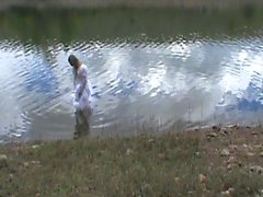 big wedding gown in a lake